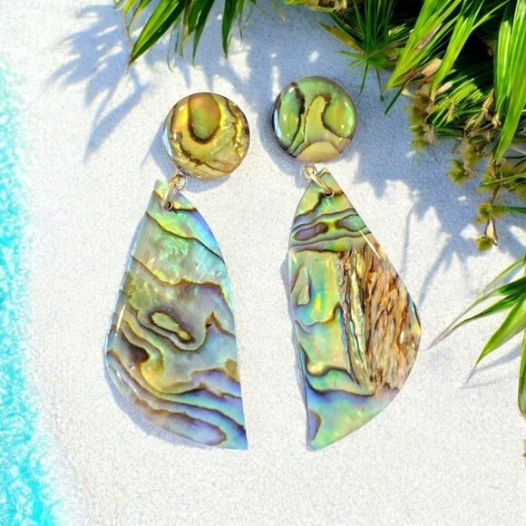 Vintage Jewelry - Vintage Abalone Shell Iridescent Dangle Drop Earrings Mother Of Pearl 2" Summer